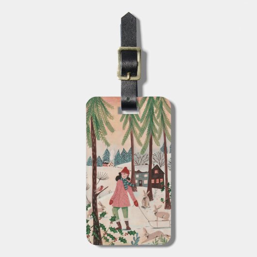 Étiquette À Bagage Femme dans la neige Année du lapin (Devant Vertical)