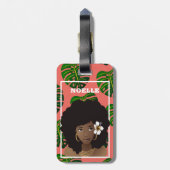 Étiquette À Bagage Femme noire avec fleur, Feuilles verts tropicaux, (Dos Vertical)