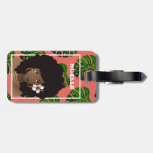 Étiquette À Bagage Femme noire avec fleur, Feuilles verts tropicaux, (Dos horizontal)