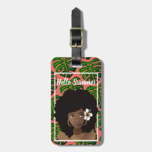 Étiquette À Bagage Femme noire, Bonjour été, Feuilles tropicaux, Cora