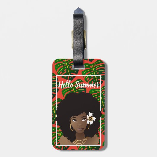 Étiquette À Bagage Femme noire, Bonjour été, Feuilles tropicaux, Roug (Dos Vertical)