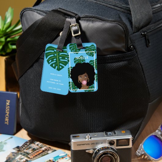 Étiquette À Bagage Femme noire, Bubblegum, Feuilles tropicaux, Bleu (Recto & Verso)