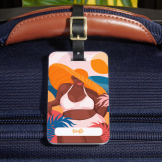 Étiquette À Bagage Femme Noire Courbe, Plage Vacances Prêt