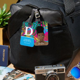Étiquette À Bagage Femme noire, Feuilles tropicaux colorés, Bleu