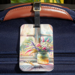 Étiquette À Bagage Fenêtre de cottage ensoleillée avec fleurs sauvage