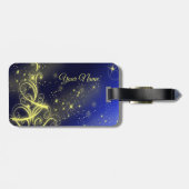 Étiquette À Bagage Fête de Noël Arbre d'or Étoiles Marine Fêtes Bleue (Dos horizontal)