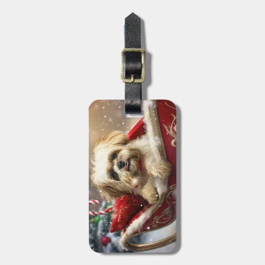 Étiquette À Bagage Fête de Noël de Chien Malti Tzu (Devant Vertical)