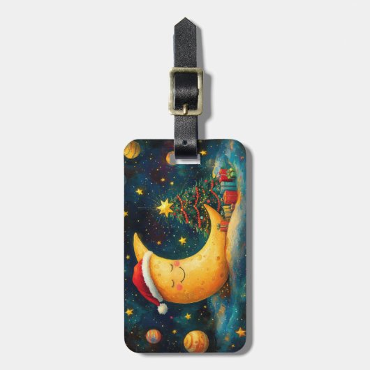 Étiquette À Bagage Fête de Noël drôle Lune Galaxy (Devant Vertical)