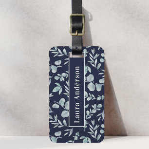 Étiquette À Bagage Feuillage aquarelle bleue nom personnalisé