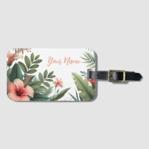 Étiquette À Bagage Feuillage Tropical et Fleur d'Hibiscus Corail
