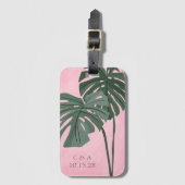 Étiquette À Bagage Feuille de palme rose verte Initiales Mariages per (Devant Vertical)