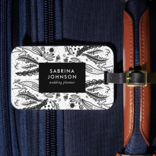 Étiquette À Bagage feuille fleurs pois motif noir blanc