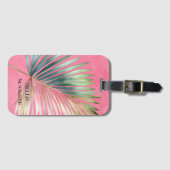 Étiquette À Bagage Feuille tropicale verte rose (Devant Horizontal)