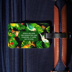 Étiquette À Bagage Feuilles de forêt tropicale et motifs d'oiseaux