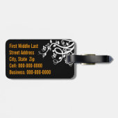 Étiquette À Bagage Filigree blanc et fleurs sur le Modèle noir (Dos horizontal)