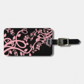 Étiquette À Bagage Filigree rose et fleurs sur le Modèle noir (Devant horizontal)