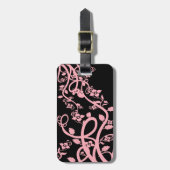 Étiquette À Bagage Filigree rose et fleurs sur le Modèle noir (Devant Vertical)