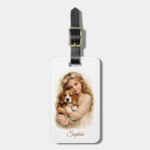 Étiquette À Bagage Fille avec chiot Beagle (Devant Vertical)