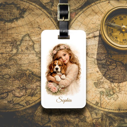 Étiquette À Bagage Fille avec chiot Beagle