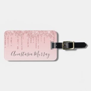 Étiquette À Bagage Fille Blush Rose Doré Paillettes Nom