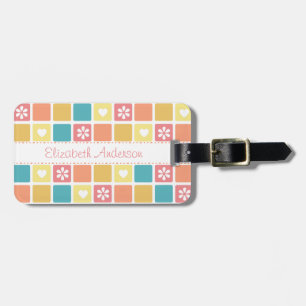 Étiquette À Bagage Fille Coeur Carré Motif Retro Fleurs de marguerite
