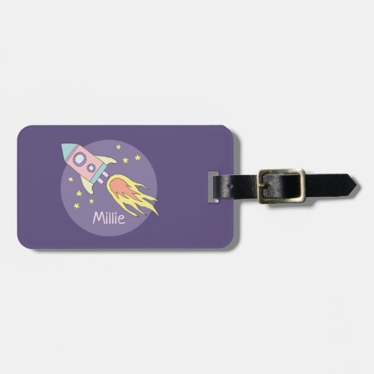 Étiquette À Bagage Fille de Galaxie violette Bateau à fusée Enfants (Devant horizontal)