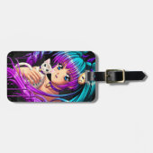 Étiquette À Bagage Fille de Manga de chaton et de tresse (Devant horizontal)