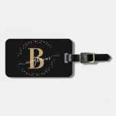 Étiquette À Bagage Fille Elegant Noir Nom Monogramme Script (Devant horizontal)