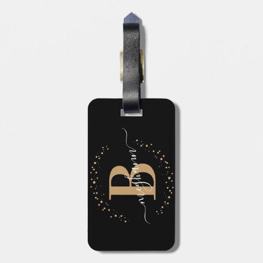 Étiquette À Bagage Fille Elegant Noir Nom Monogramme Script (Dos Vertical)