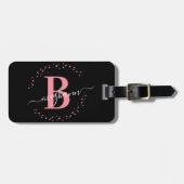 Étiquette À Bagage Fille Elegant Noir rose Nom Monogramme Script Lugg (Devant horizontal)