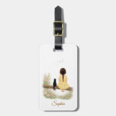 Étiquette À Bagage Fille et chat noir sur une branche (Devant Vertical)