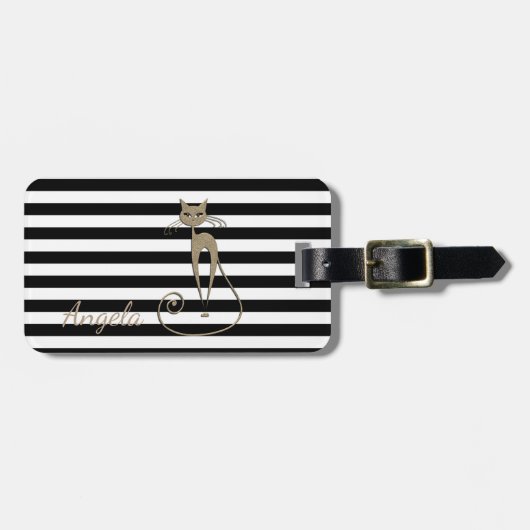 Étiquette À Bagage Fille, Noir, Grilles Blanches, Chat Glittery (Devant horizontal)