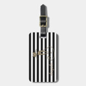 Étiquette À Bagage Fille, Noir, Grilles Blanches, Chat Glittery (Devant Vertical)