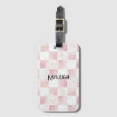Étiquette À Bagage Fille Rose Blanc Chic Carrés (Devant Vertical)