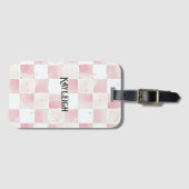 Étiquette À Bagage Fille Rose Blanc Chic Carrés (Devant Horizontal)