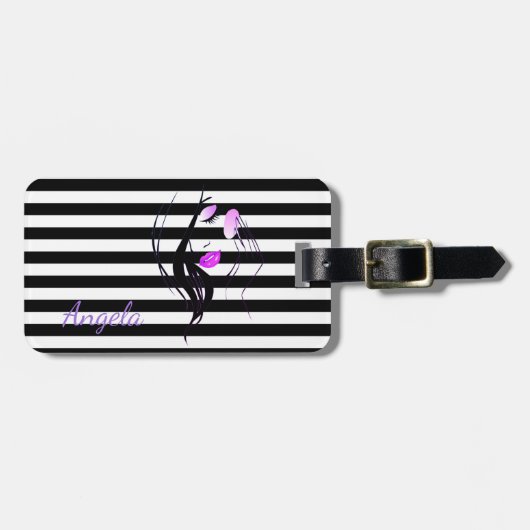 Étiquette À Bagage Fille Silhouette, Noir, Blancs Personnalisé (Devant horizontal)