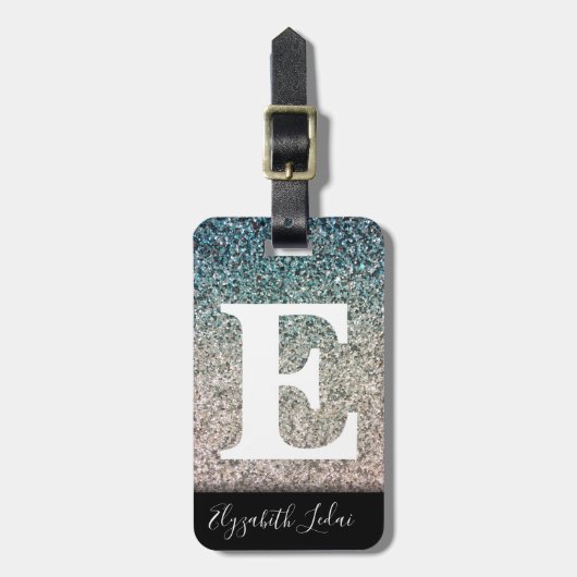 Étiquette À Bagage Fille Turquoise Bleu Argent Ombre Parties scintill (Devant Vertical)