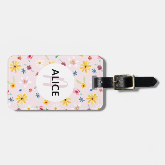 Étiquette À Bagage Filles Fleurs mignonnes Motif Monogramme Nom Enfan (Devant horizontal)