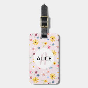 Étiquette À Bagage Filles Fleurs mignonnes Motif Monogramme Nom Enfan