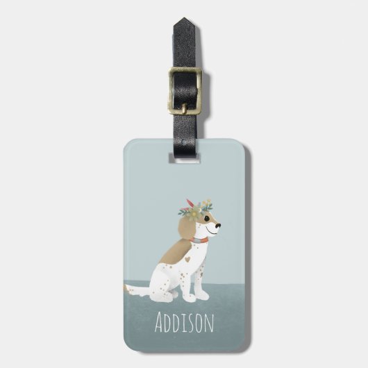 Étiquette À Bagage Filles mignonnes Chiot Cartoon Fleurs Enfants (Devant Vertical)