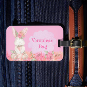 Étiquette À Bagage Filles mignonnes Lapin Rose Floral Enfants Vacance