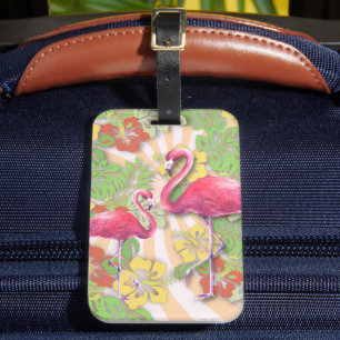 Étiquette À Bagage Flamant Rose Abstrait et Floral Coloré