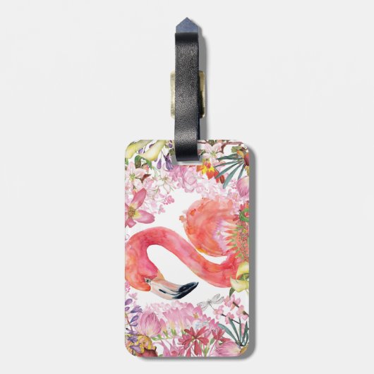 Étiquette À Bagage Flamant rose en Jungle Fleur - Motif d'été (Dos Vertical)