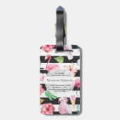 Étiquette À Bagage Flamant rose floral tropical à rayures noires Mono (Dos Vertical)