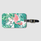 Étiquette À Bagage flamant rose monogramme sur feuilles tropicaux (Devant Horizontal)