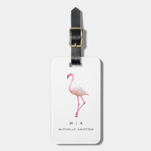 Étiquette À Bagage Flamant rose noir blanc   Monogramme personnalisé