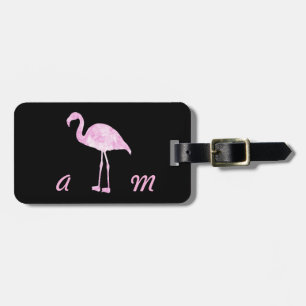 Étiquette À Bagage Flamant rose peint en rose avec initiales