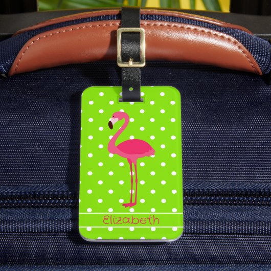 Étiquette À Bagage Flamant rose Pointe rose et vert Polka Personnalis (Insitu Rectoal 2)