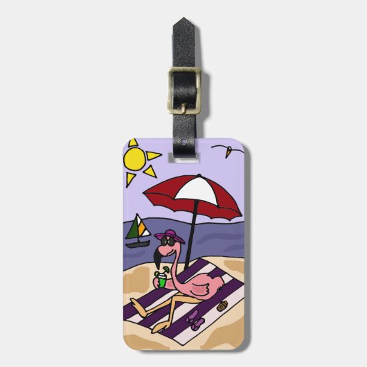 Étiquette À Bagage Flamant rose rose drôle à la plage (Devant Vertical)