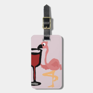 Étiquette À Bagage Flamant rose rose drôle buvant du vin rouge